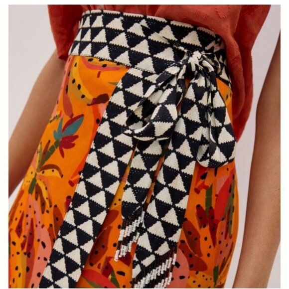 Farm Rio Contrast Wrap Midi Skirt Anthropologie Vibrant Banana Print XS beaded - Picture 3 of 16